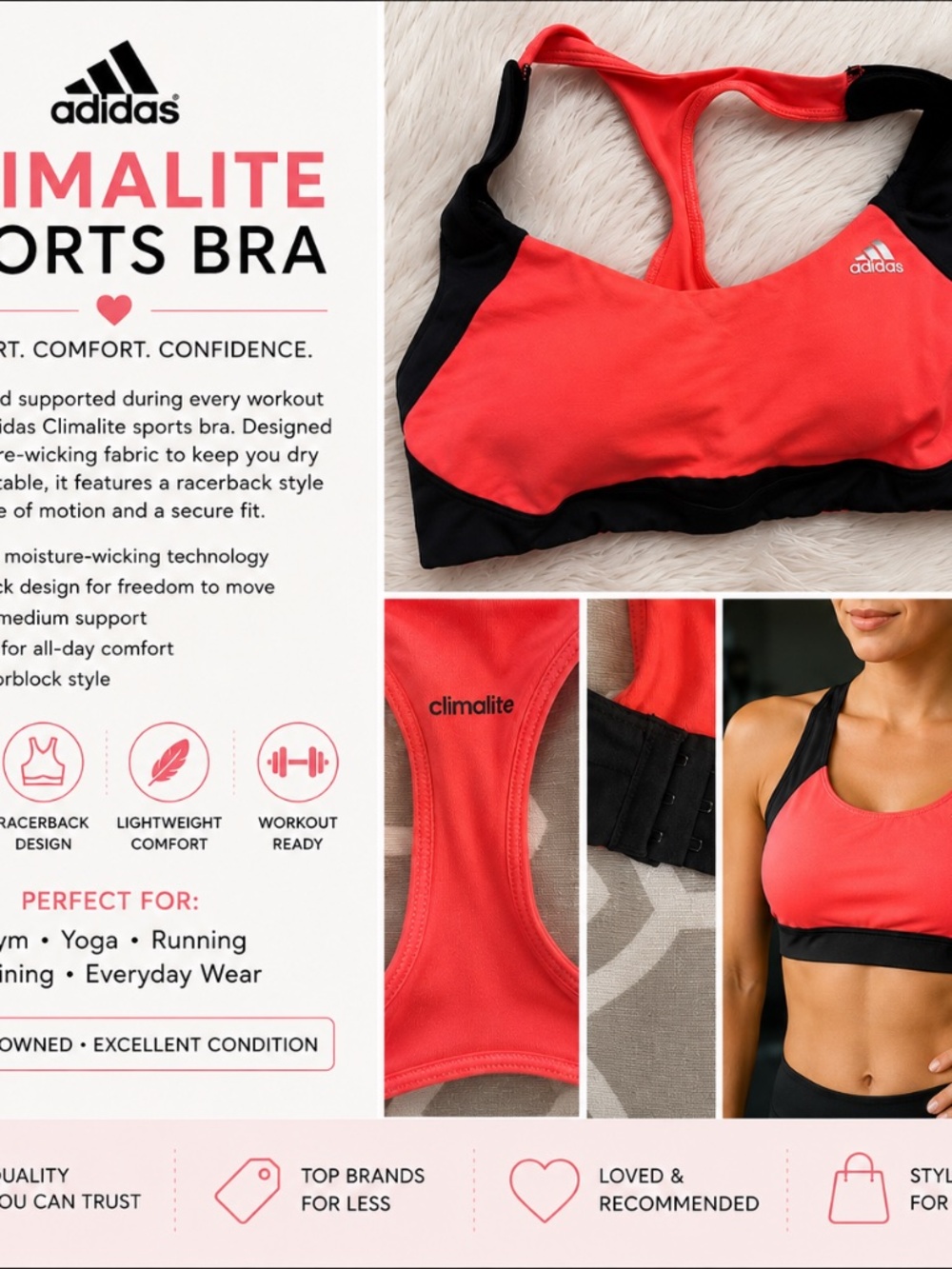 Adidas Climalite Coral Pink & Black Racerback Sports Bra | Estimated Small